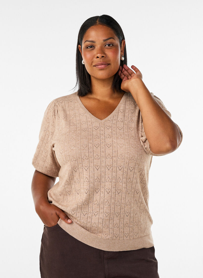 Kurz&auml;rmelige Bluse aus Strick mit Pointelle-Muster, Beige, Model image number 0