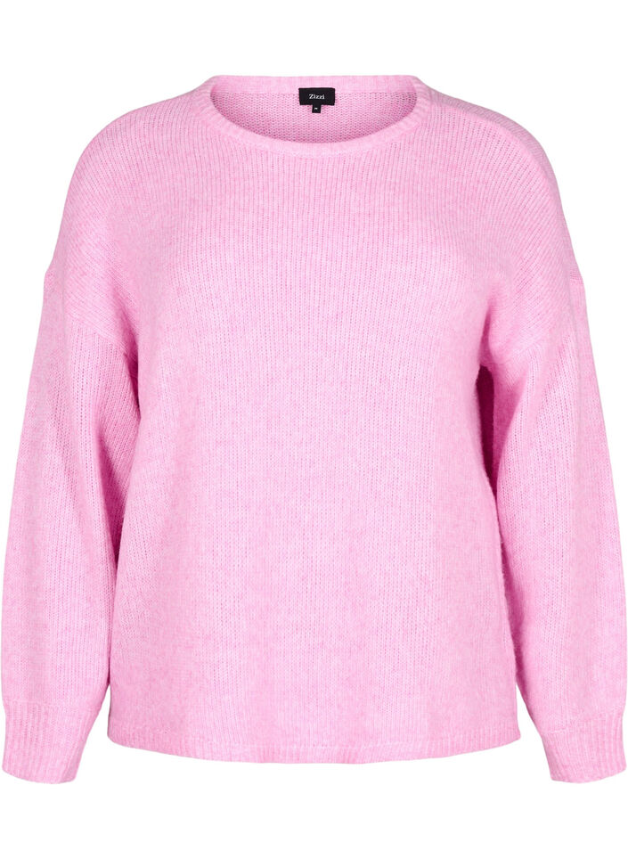 Langärmliger Strickpullover mit Wollanteil und Rundhalsausschnitt, Begonia Pink Mel., Packshot image number 0