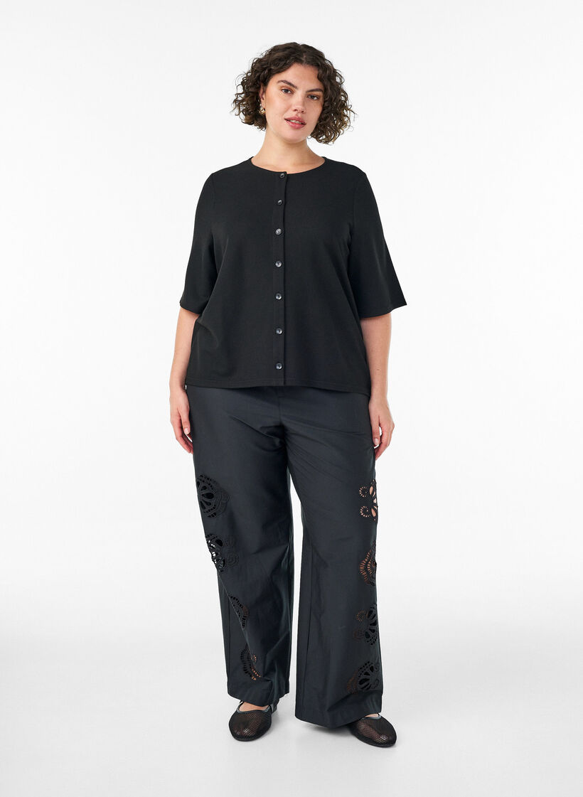 Bluse mit Rippstruktur und Knopfleiste, Schwarz, Model image number 1