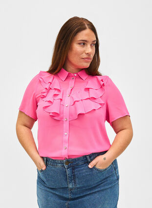 Kurzärmelige Hemdbluse mit Rüschen, Pink Power, Model image number 0