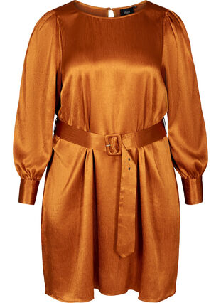 Shiny Kleid mit Gürtel und Puffärmeln, Buckthorn Brown, Packshot image number 0