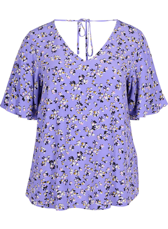 Gebl&uuml;mte Viskosebluse mit Schnurdetail, Lilac Flower Print, Packshot image number 0