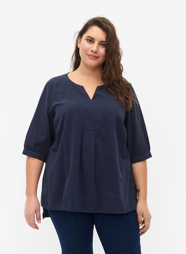 FLASH - Bluse aus Baumwolle mit halblangen Ärmeln, Navy Blazer, Model image number 0