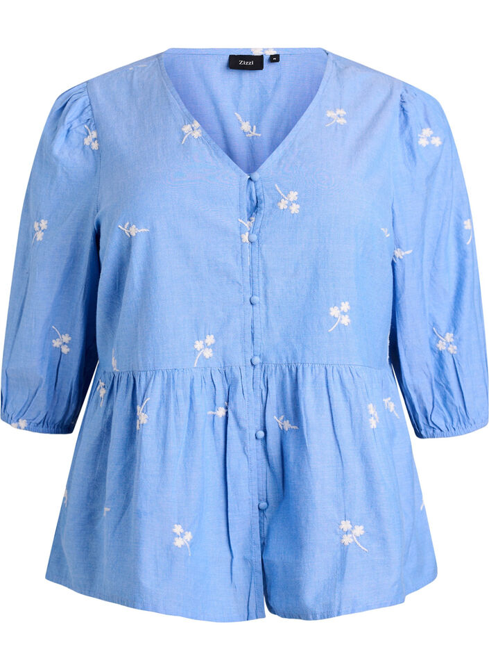 Bluse aus Baumwolle mit gestickten Blumen und Knopfverschluss, Blau, Packshot image number 0