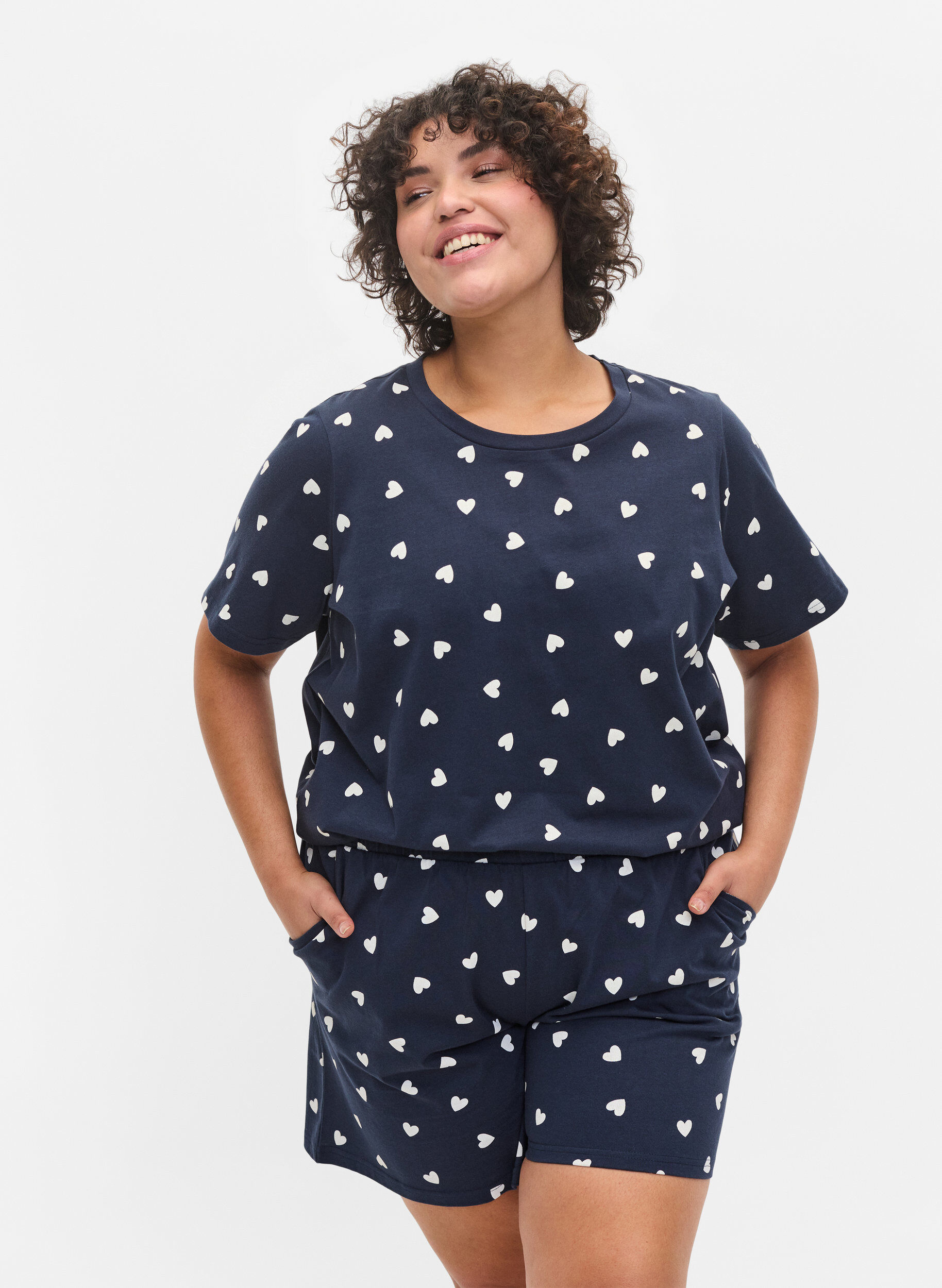 ZizziKurzarm Pyjama-T-Shirt aus Baumwolle, Navy Blazer AOP, Model image number 0