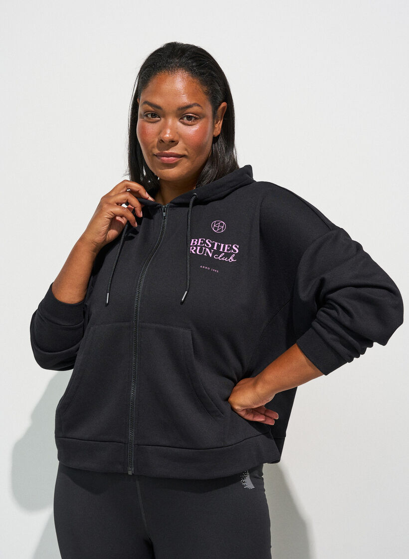 Hoodie mit Rei&szlig;verschluss und Brustprint, Schwarz, Model image number 0