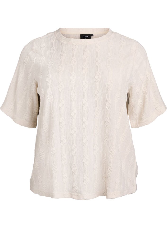 Bluse mit Strukturmuster und kurzen &Auml;rmeln, Beige, Packshot image number 0