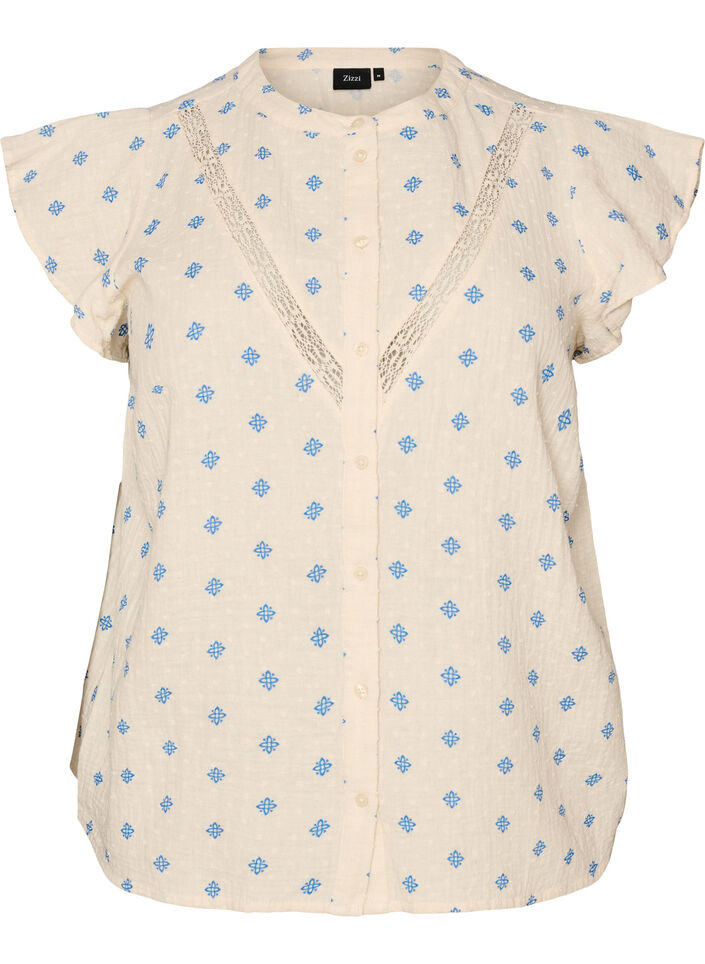 &Auml;rmellose Bluse mit H&auml;kelborte und R&uuml;schendetail, Beige, Packshot image number 0