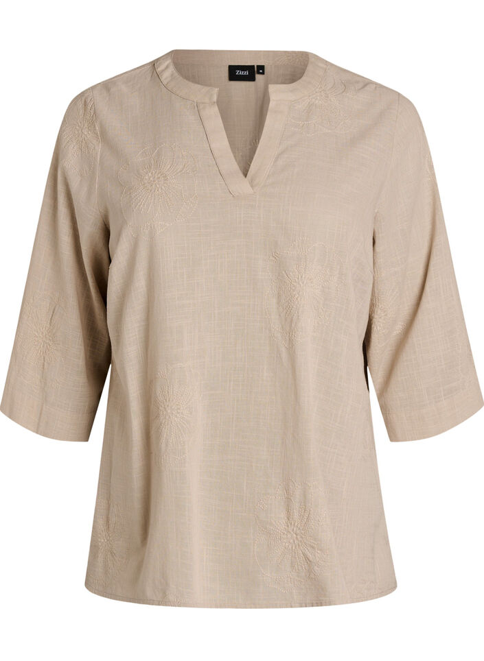 Bluse aus Baumwolle mit gestickten Details und 3/4-&Auml;rmeln, Beige, Packshot image number 0