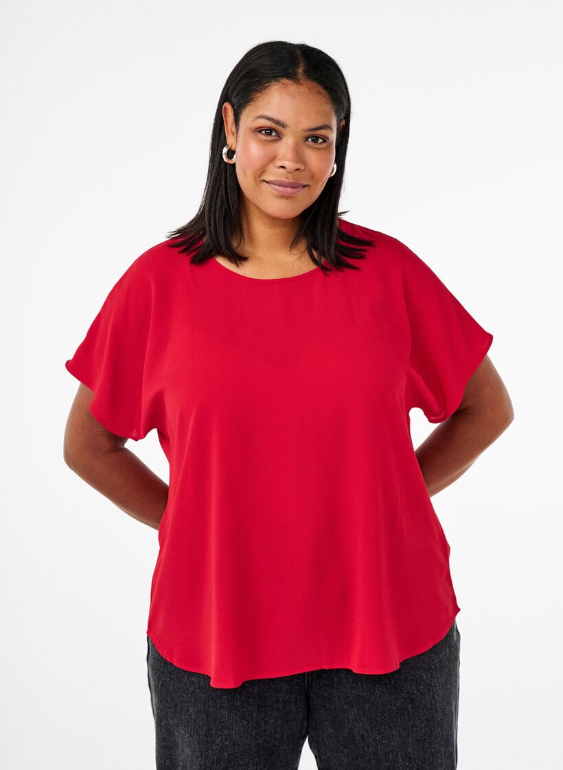 Bluse mit kurzen &Auml;rmeln und einem Rundhalsausschnitt, Rot, Model image number 0