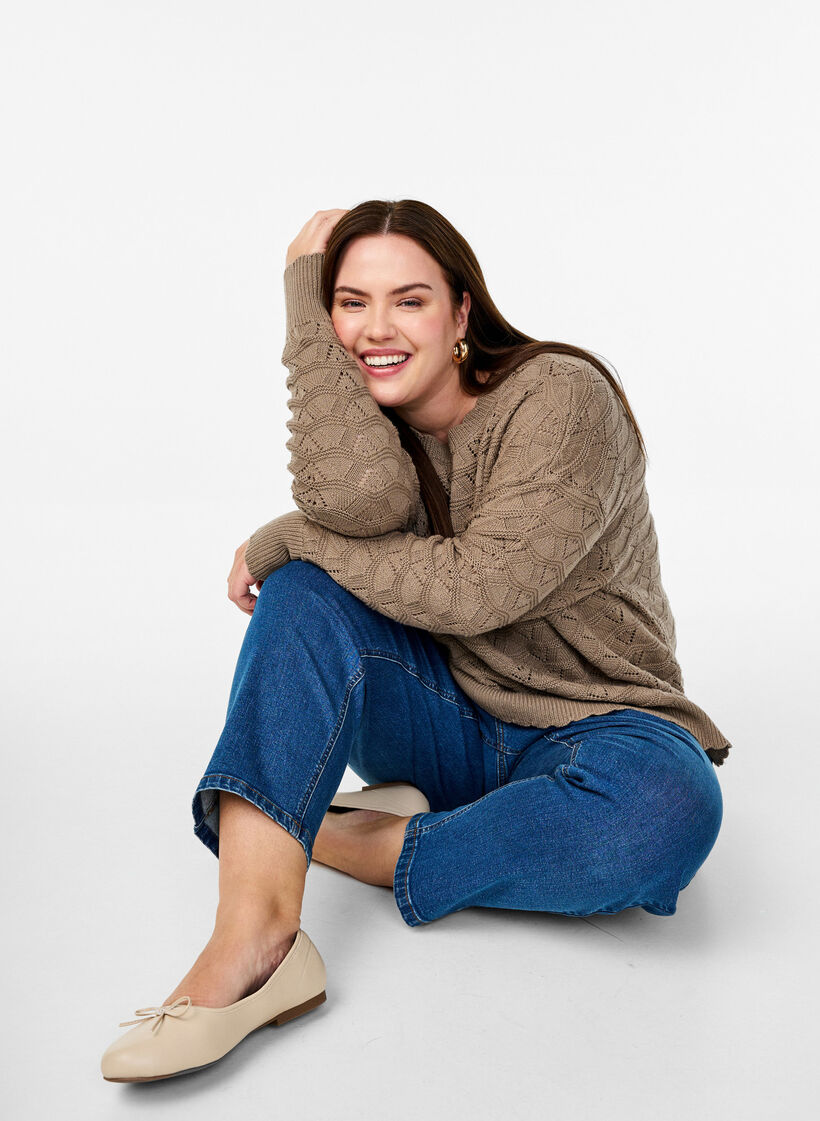 Strickbluse mit Lochmuster und langen Ärmeln, Desert Taupe, Image image number 0