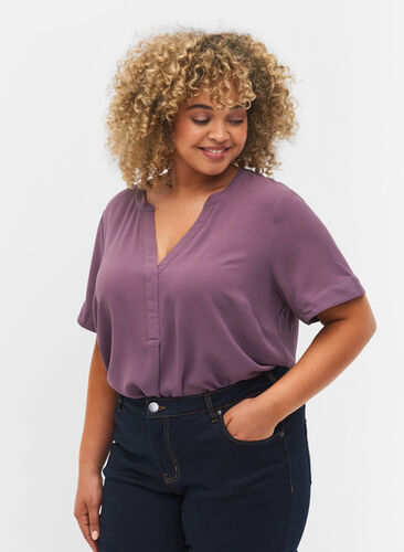 Kurzärmelige Bluse mit V-Ausschnitt, Vintage Violet, Model image number 0