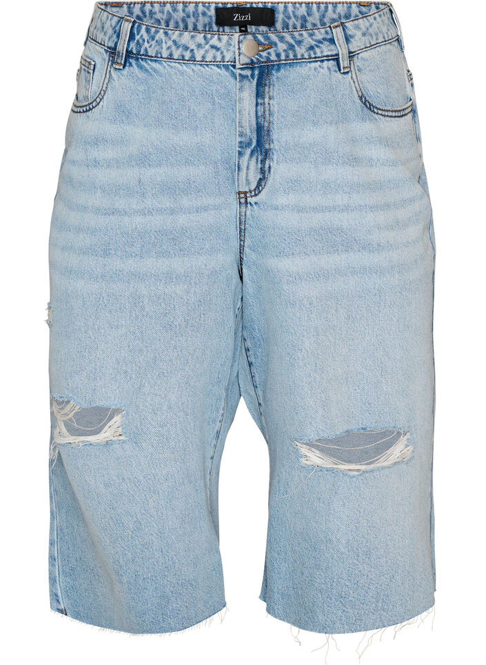 Cropped Jeans mit abgenutzter Optik und offenen Kanten, Blau, Packshot image number 0