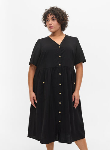 Kurzarm Kleid mit Knöpfen und Taschen, Black, Model image number 0