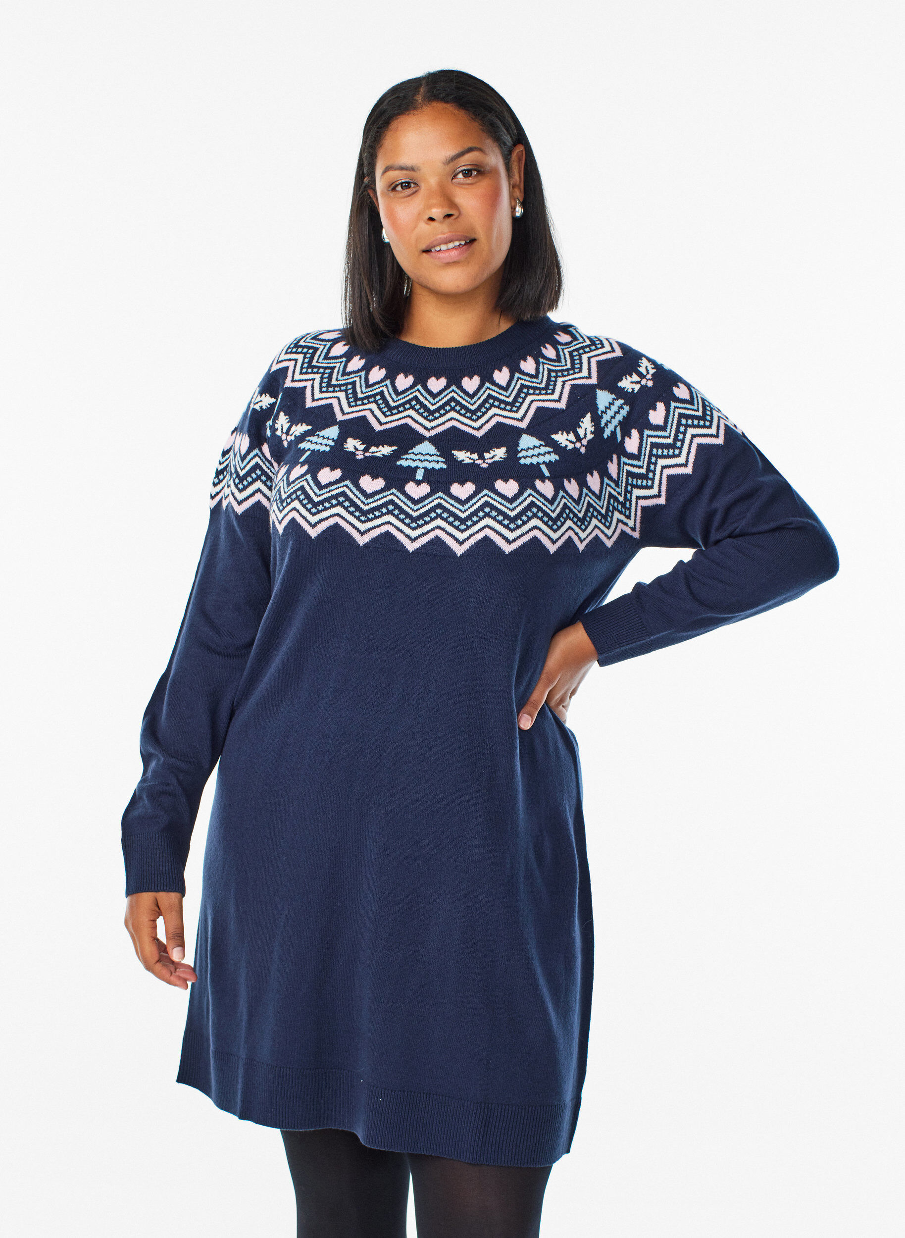 Kurzes Strickkleid mit Jacquardmuster und weihnachtlichen Motiven, Blau, Model