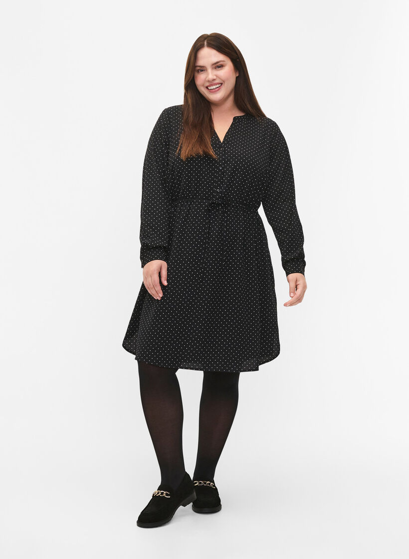 Bedrucktes Kleid mit Kordelzug an der Taille, Black Dot, Model image number 2