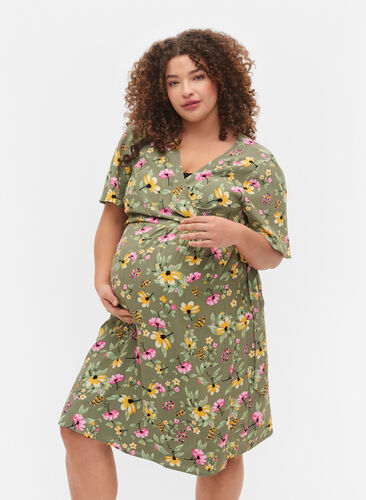 Schwangerschaftskleid aus Viskose mit Wickeleffekt, Green Flower Print, Model image number 0