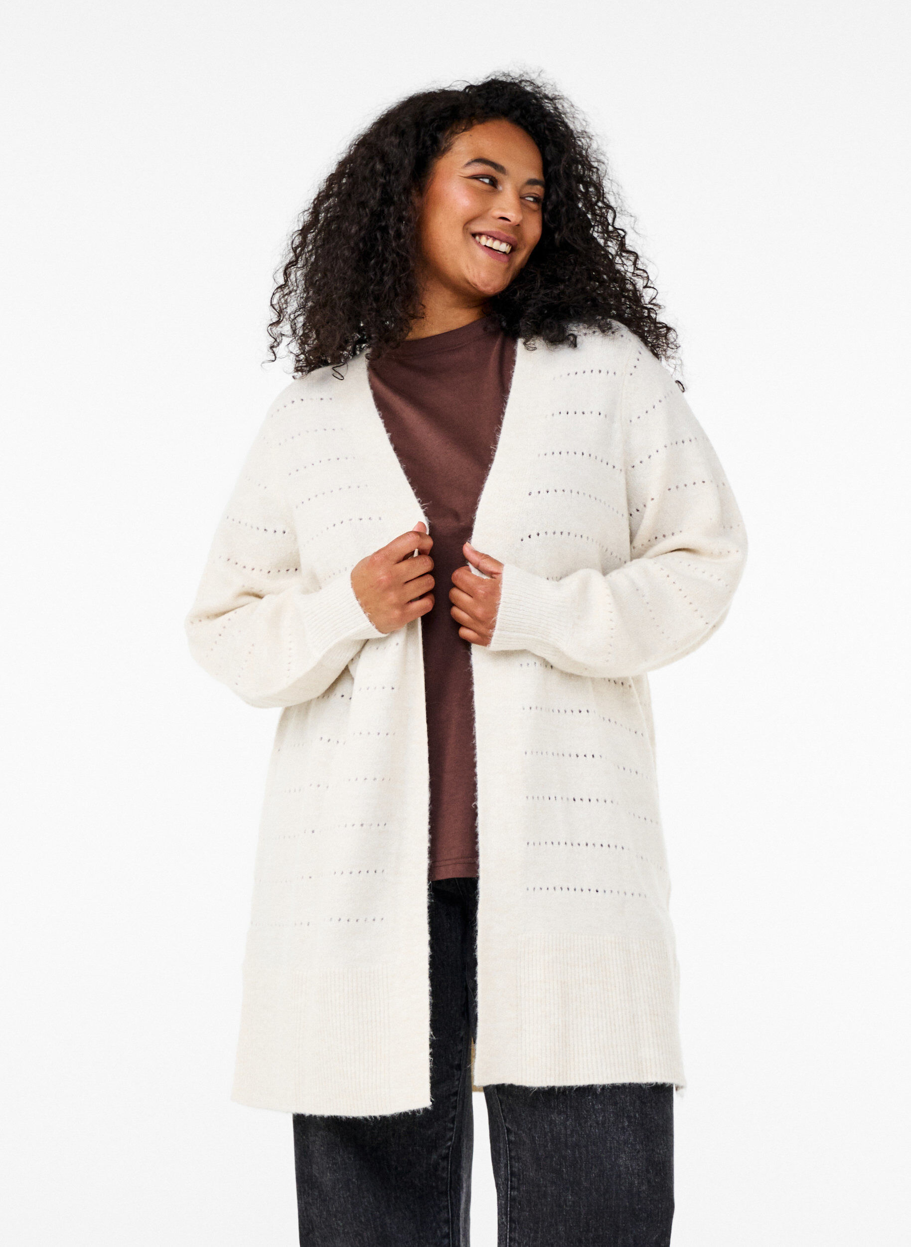 ZizziLange Strickjacke aus Strick mit Lochmuster, Birch Mel., Model image number 0