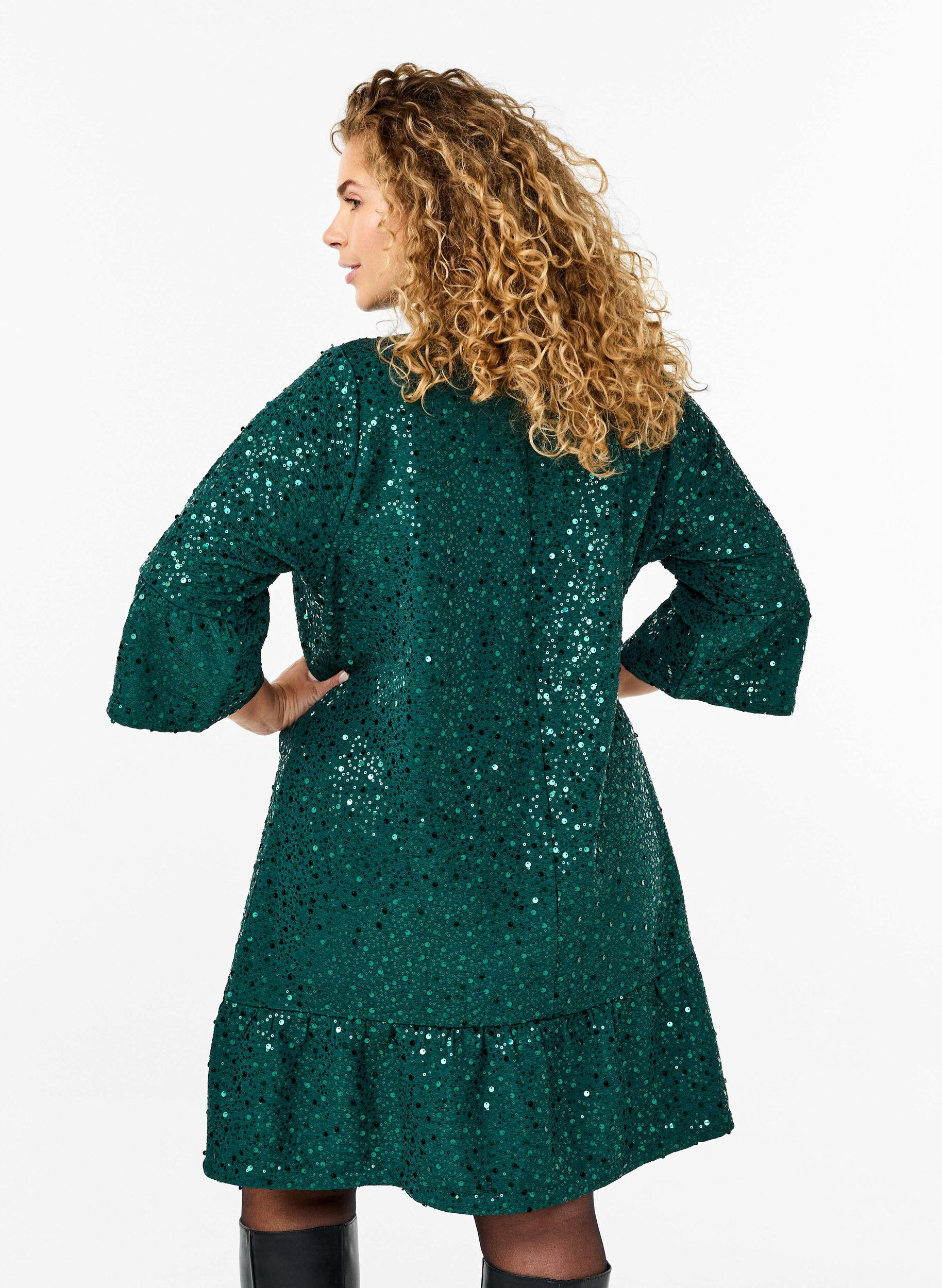 ZizziPaillettenkleid mit V-Ausschnitt und 3/4-&Auml;rmeln, Rain Forest, Model image number 1