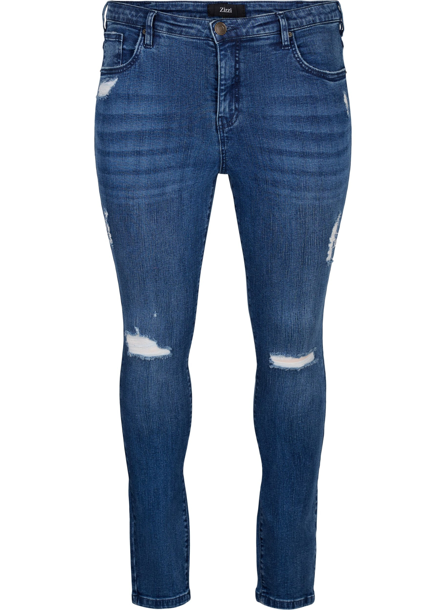 ZizziSuper-Slim Amy Jeans mit Abnutzungsdetails, Blue Denim, Packshot image number 0
