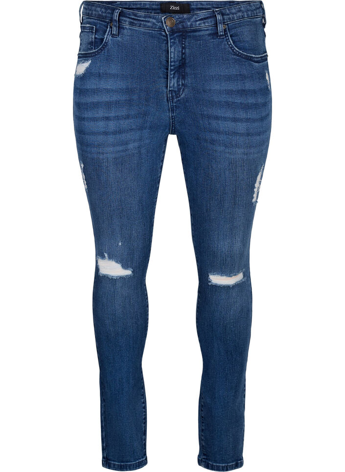 Super-Slim Amy Jeans mit Abnutzungsdetails, Blue Denim, Packshot image number 0