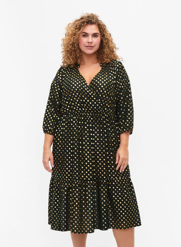 Kleid mit punktiertem Folienprint und 3/4 Ärmeln, Scarab w. Gold, Model image number 0