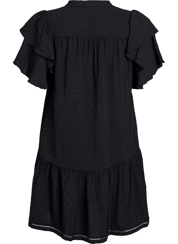 Kleid mit Rüschenärmeln und gepunkteter Textur, Black, Packshot image number 1