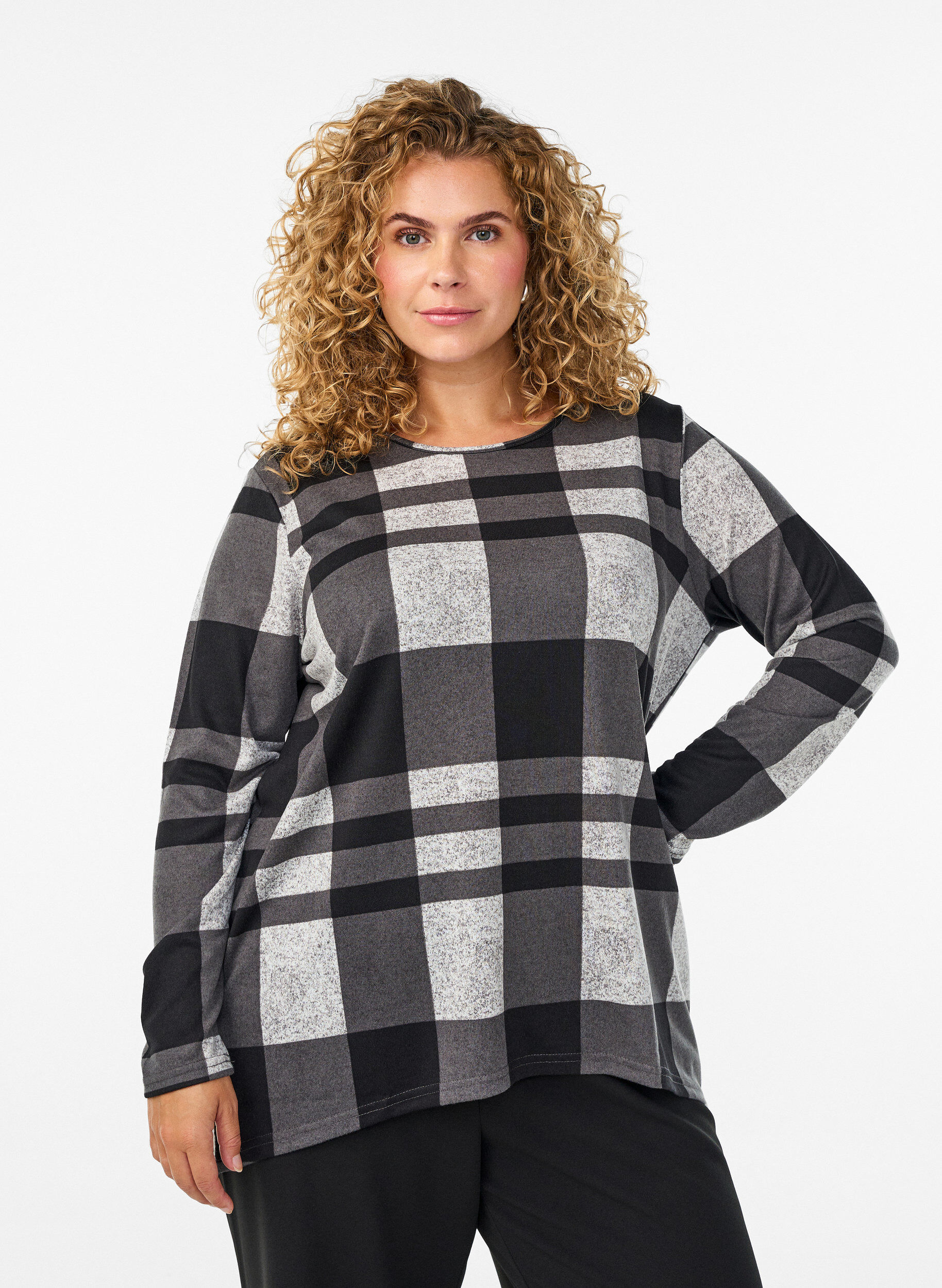 ZizziGemusterte Bluse mit langen &Auml;rmeln, Grau, Model image number 0