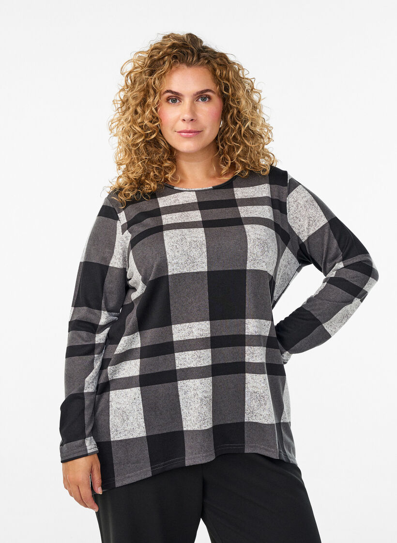 Gemusterte Bluse mit langen Ärmeln, Grau, Model image number 0