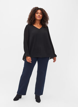 Plissee Bluse mit V-Ausschnitt, Black, Model image number 2