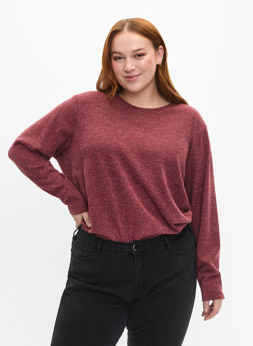Melange Bluse mit rund um den Neck und langen Ärmel, Dry Rose, Model image number 0