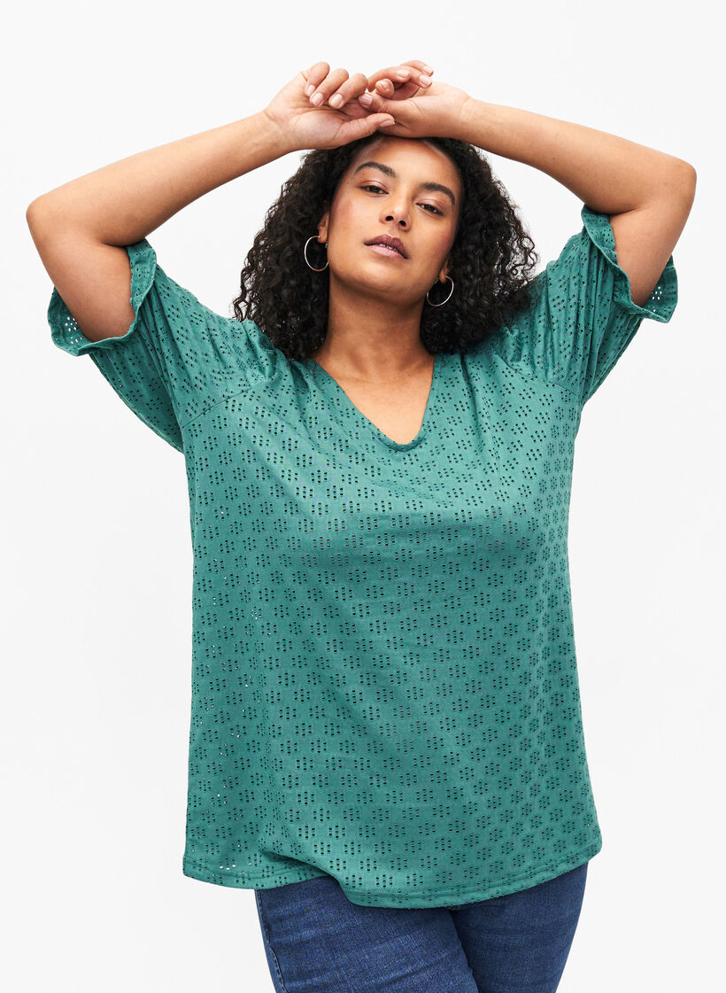 Bluse mit V-Ausschnitt und Lochmuster, Sea Pine, Model image number 0