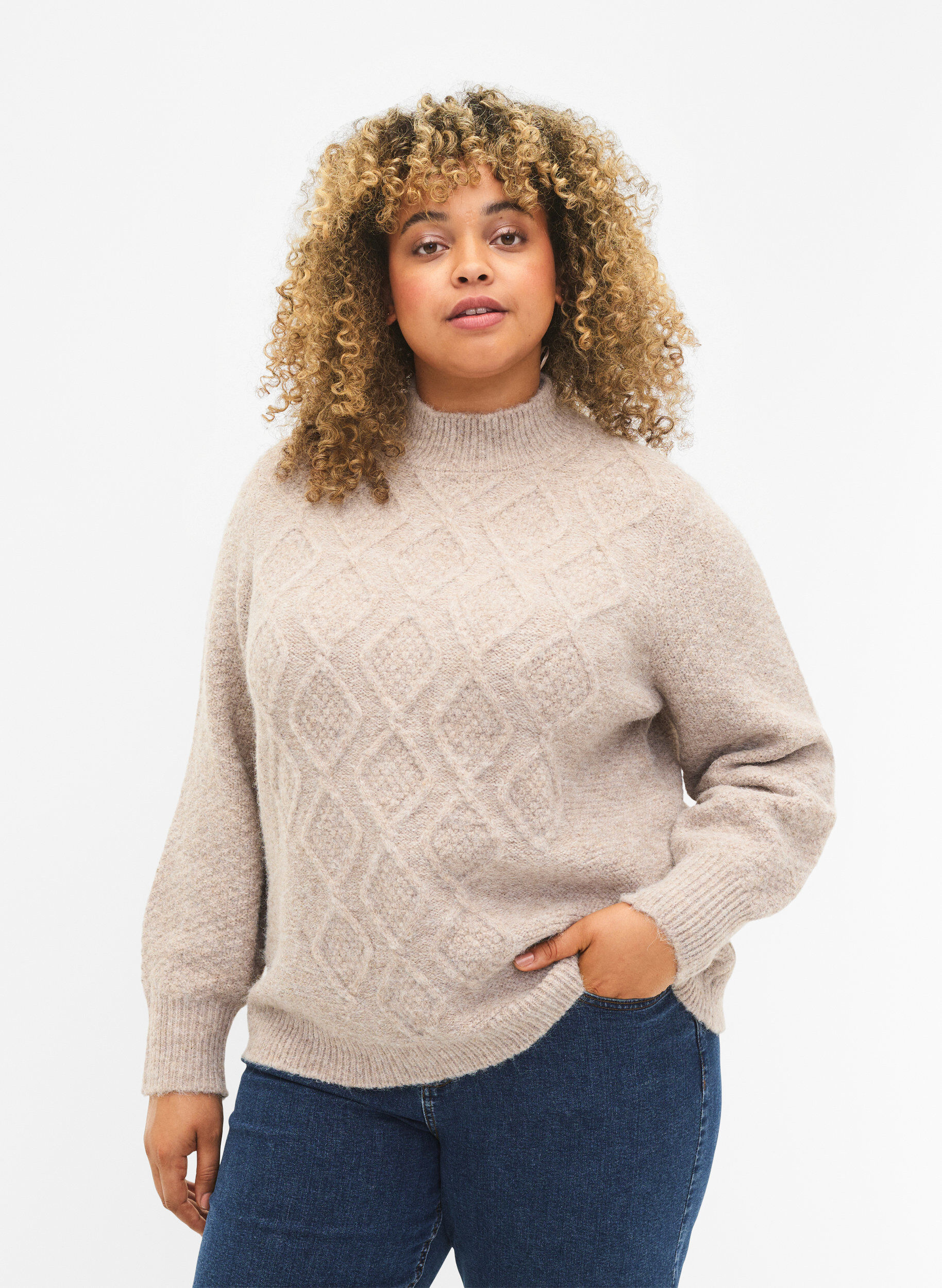 ZizziGemusterter Strickpullover mit Rollkragen, Simply Taupe Mel., Model image number 0