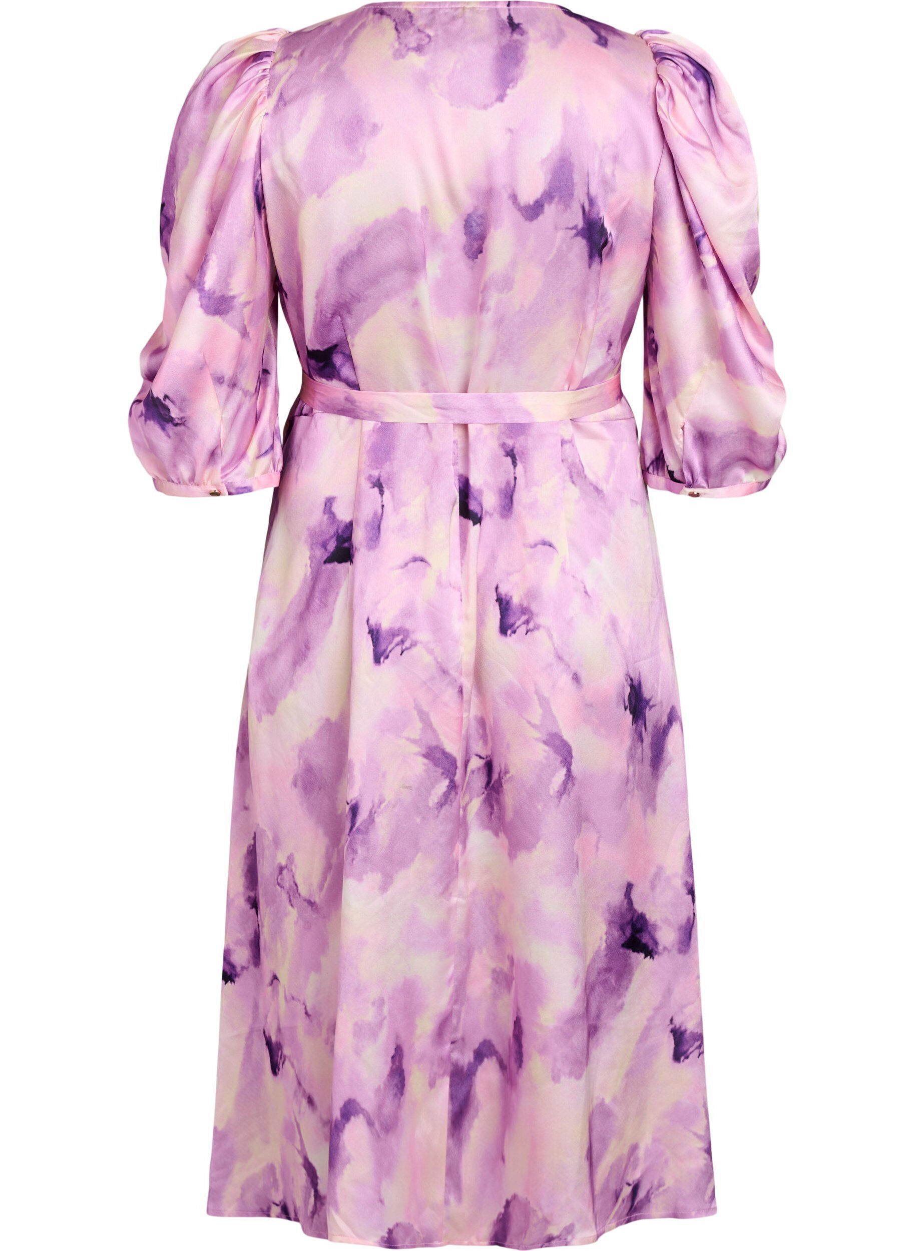 ZizziPartykleid mit kurzen &Auml;rmeln und Bindeg&uuml;rtel, Lila, Packshot image number 1