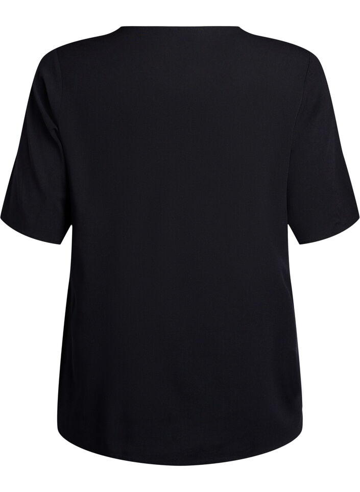 Kurz&auml;rmelige, gewebte Bluse mit Rundhals, Schwarz, Packshot image number 1