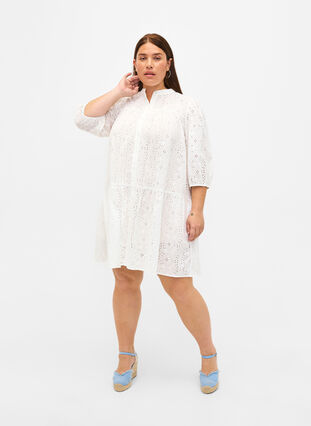 Hemdblusenkleid aus Baumwolle mit Lochstickerei, Bright White, Model image number 2
