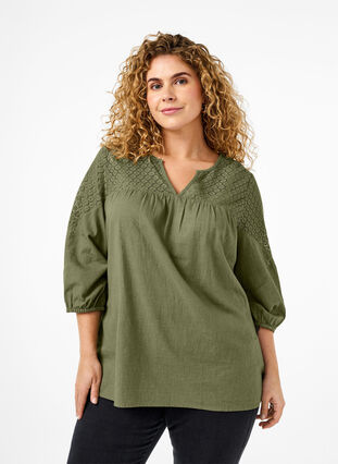Bluse aus Baumwollmischung mit Leinen und Häkeldetails, Deep Lichen Green, Model image number 0