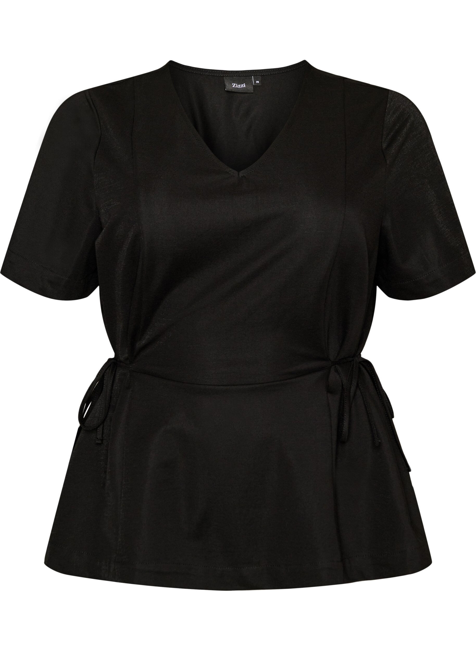 ZizziBluse aus einer Baumwollmischung mit V-Ausschnitt und Bindeband, Schwarz, Packshot image number 0