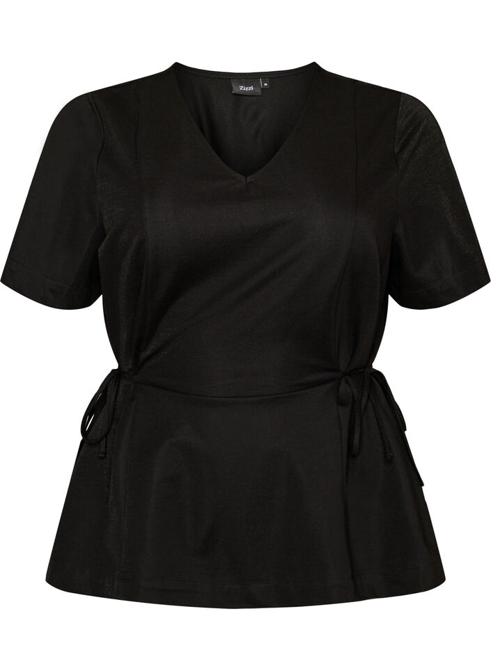 Bluse aus einer Baumwollmischung mit V-Ausschnitt und Bindeband, Schwarz, Packshot image number 0