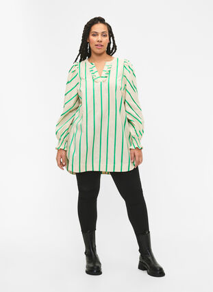 Gestreifte Tunika aus Baumwolle mit Smok und Rüschen, Beige Green Stripe, Model image number 2
