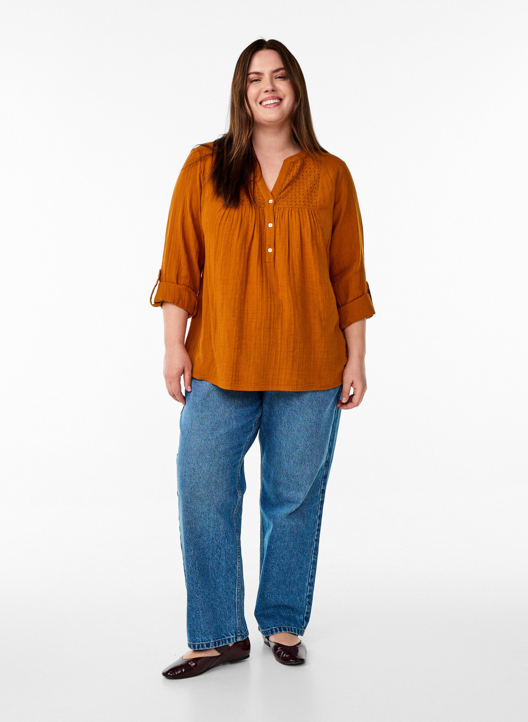 ZizziBluse aus Baumwollmusselin mit Lochstickerei, Orange, Model image number 1