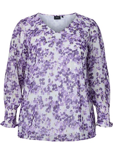 Geblümte Bluse mit langen Ärmeln und V-Ausschnitt, Beige/Purple Flower, Packshot image number 0