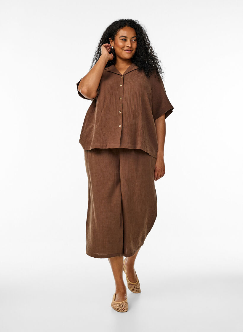 Kurärmeliges Hemd aus Baumwollmusselin, Braun, Model image number 1