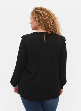 Bluse aus Viskose mit Rüschen und Spitze, Black, Model image number 1