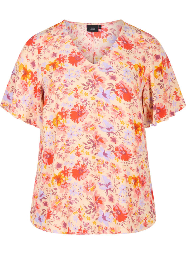Kurzärmelige Viskosebluse mit Blumendruck, Red Orange AOP, Packshot image number 0