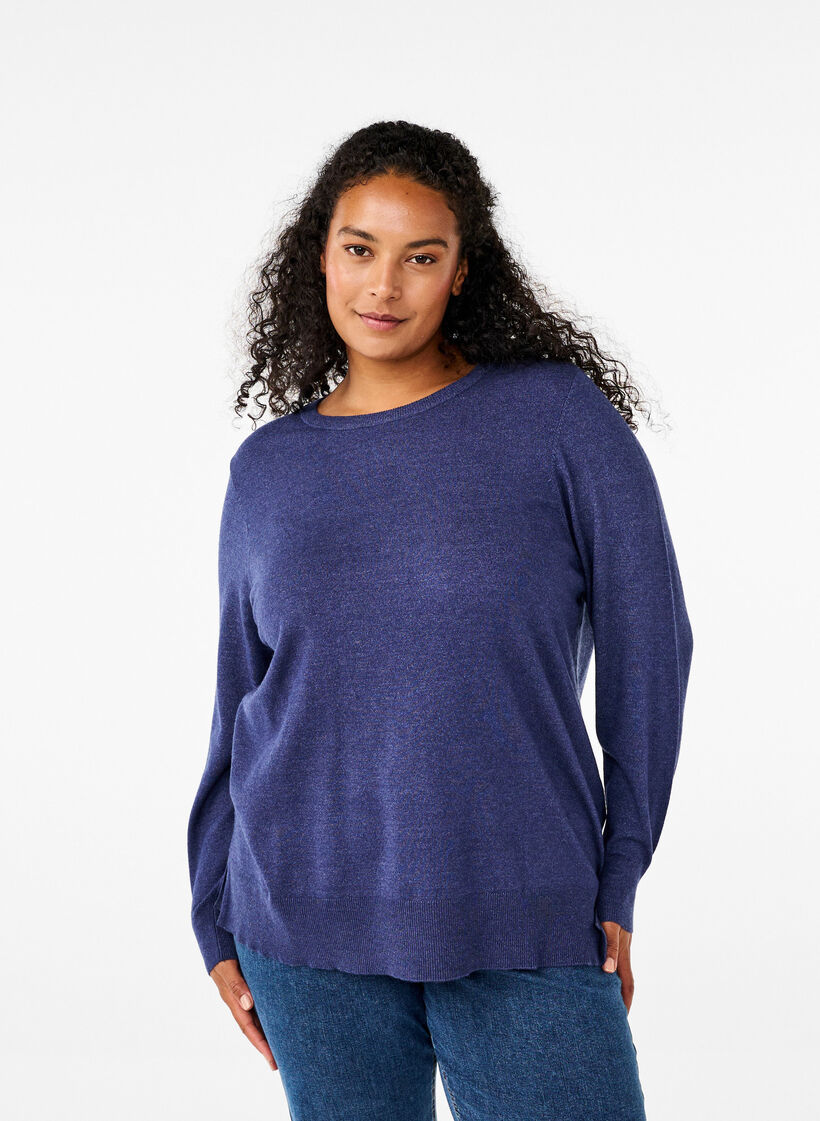 Strickbluse mit langen Ärmeln und Schlitz, Blau, Model image number 0