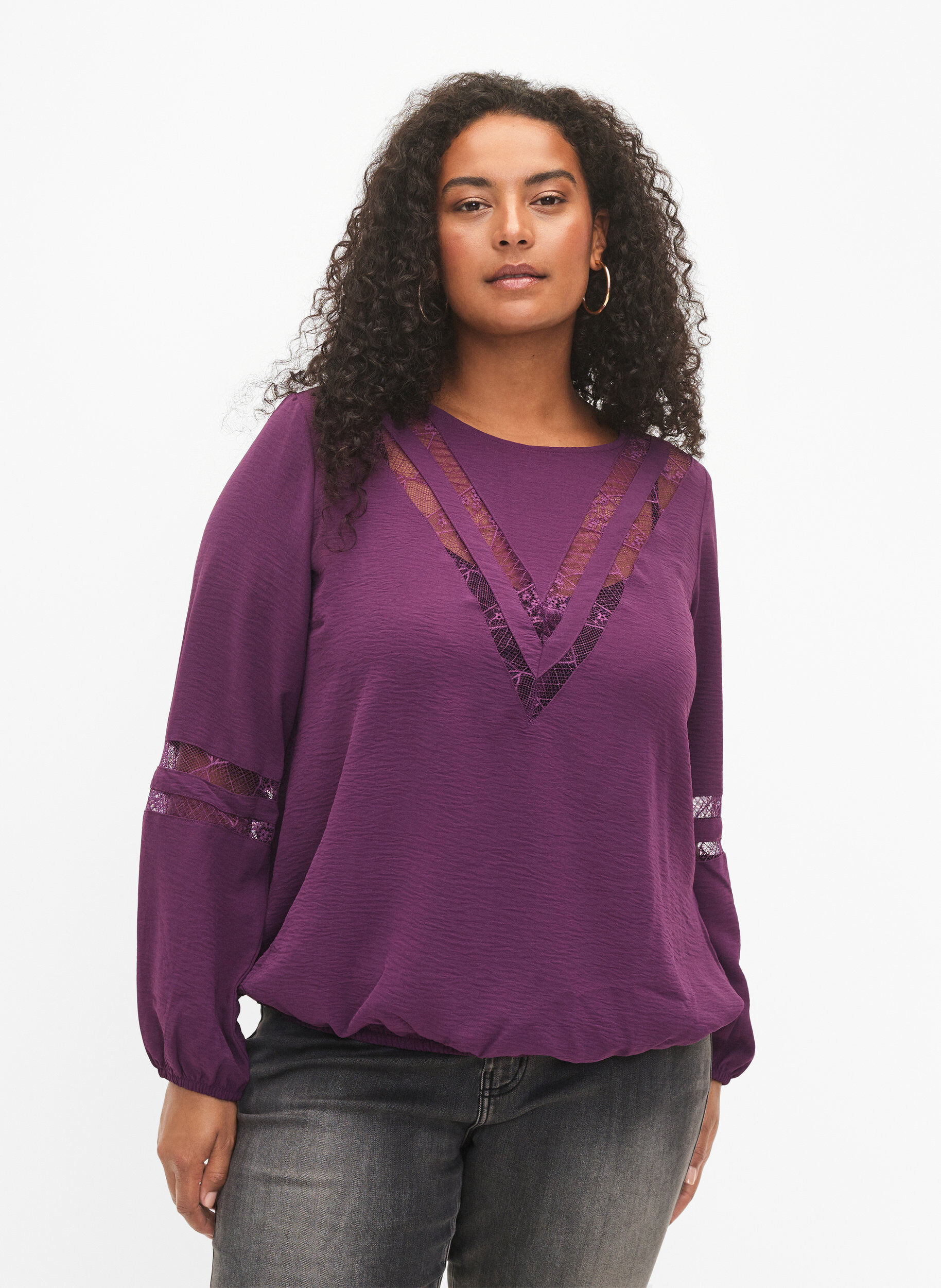 Zizzi Langarm-Bluse mit Spitze, Deep Purple, Model image number 0