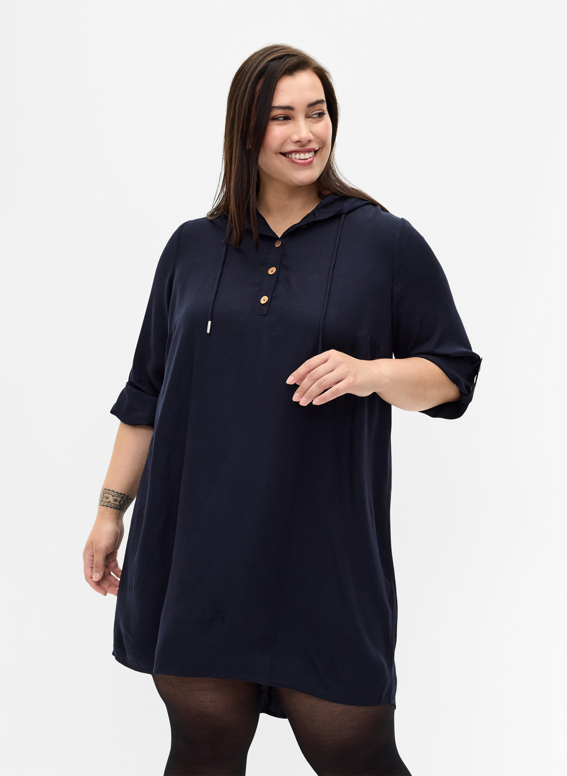 ZizziViskose-Tunika mit Kapuze, Navy Blazer, Model image number 0