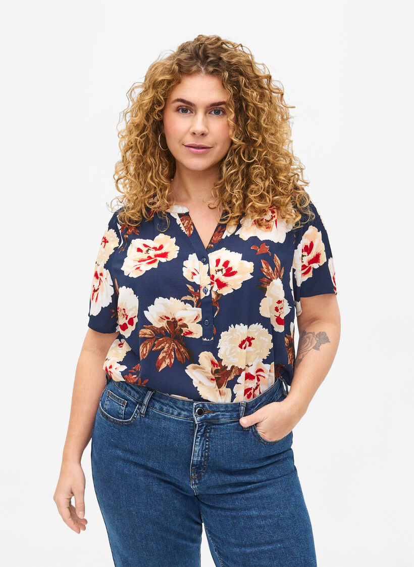 Bluse mit kurzen &Auml;rmeln und V-Ausschnitt , Blau, Model image number 0
