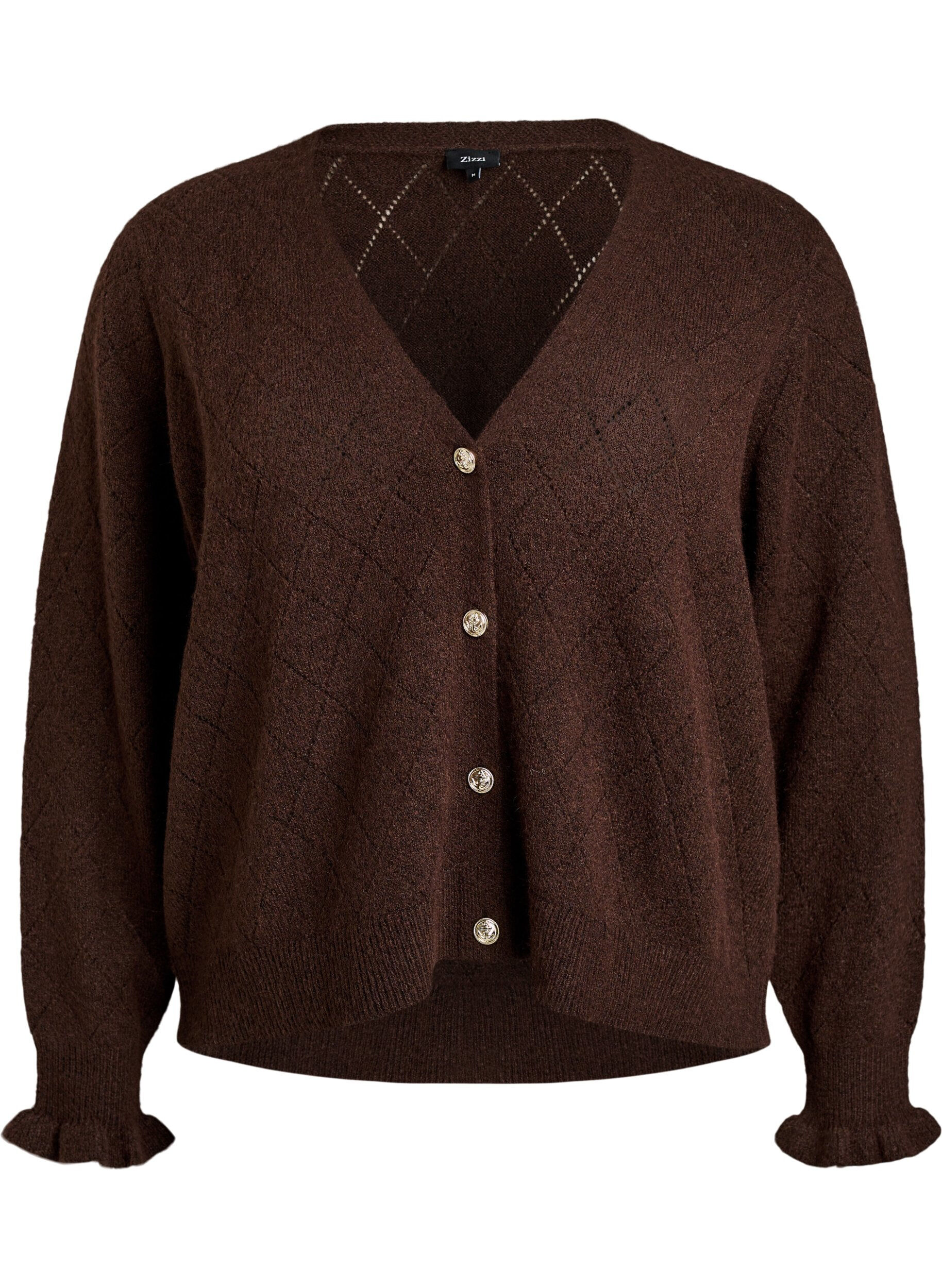 ZizziStrickjacke mit Harlekinmuster und V-Ausschnitt, Braun, Packshot image number 0